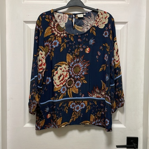 Cream | Floral | Print | Navy |Scoop Neck |3/4 Sleeve |Blouse |Size 42 EUR/10-12 - Picture 2 of 15